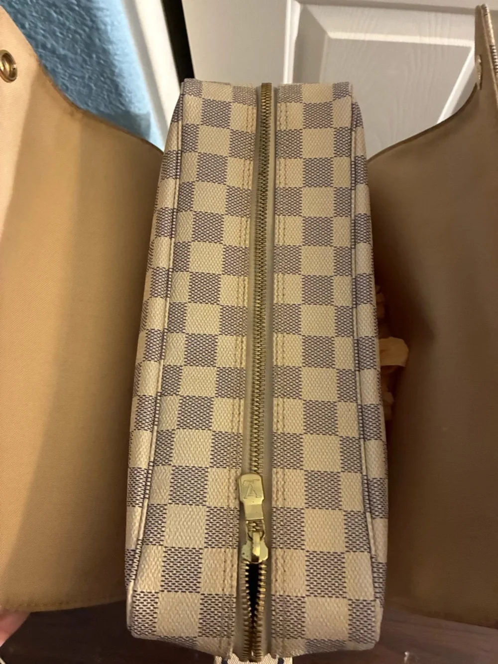 Checked Canvas Crossbody Messenger Bag in Beige and Brown